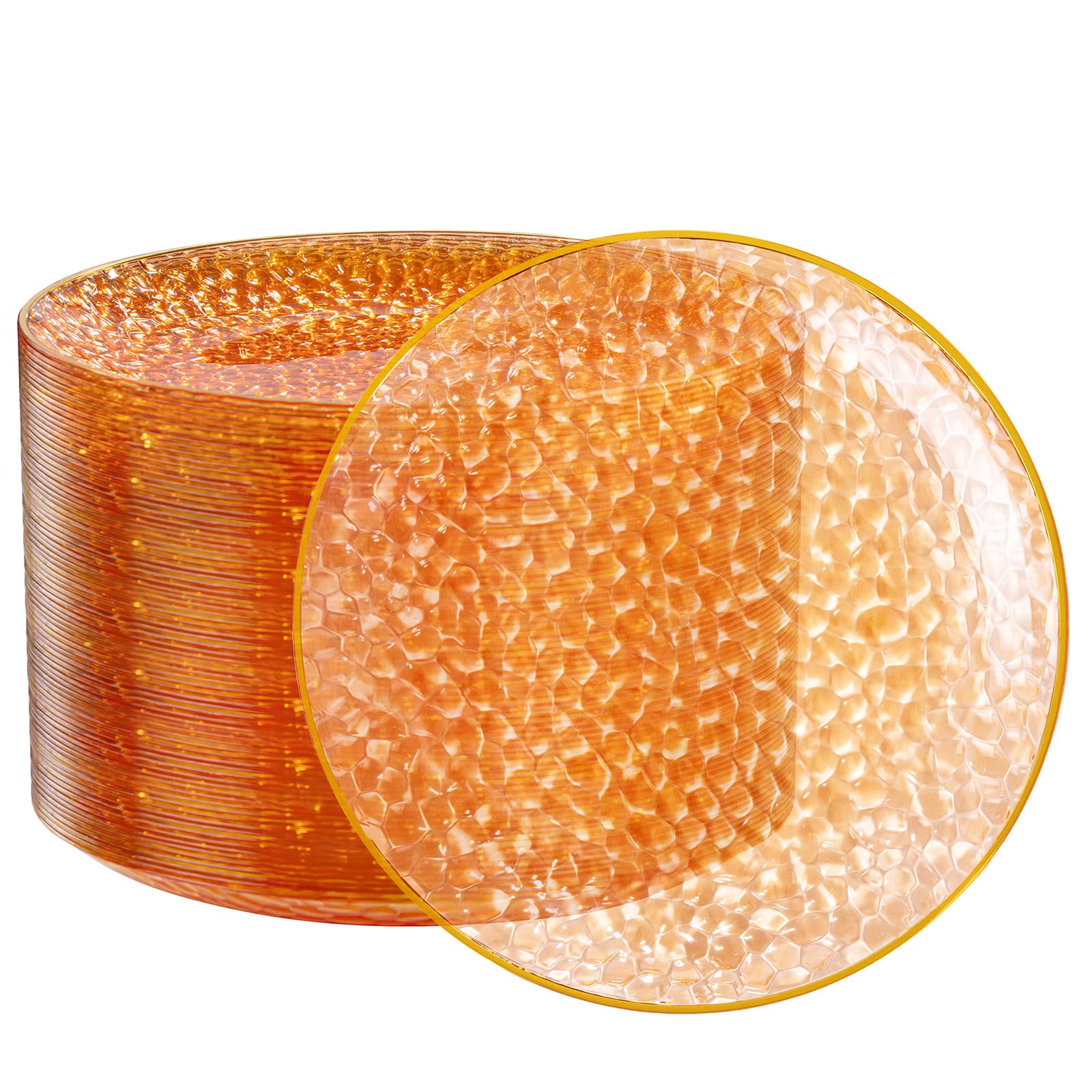Photo 1 of Rubtlamp 100Pcs Thanksgiving Plastic Dinner Plates, 10 Inch Disposable Orange Dinner Plates, Heavy Duty Plates with Gold Rim, Hammered Disposable Plastic Party Plates For Event Party