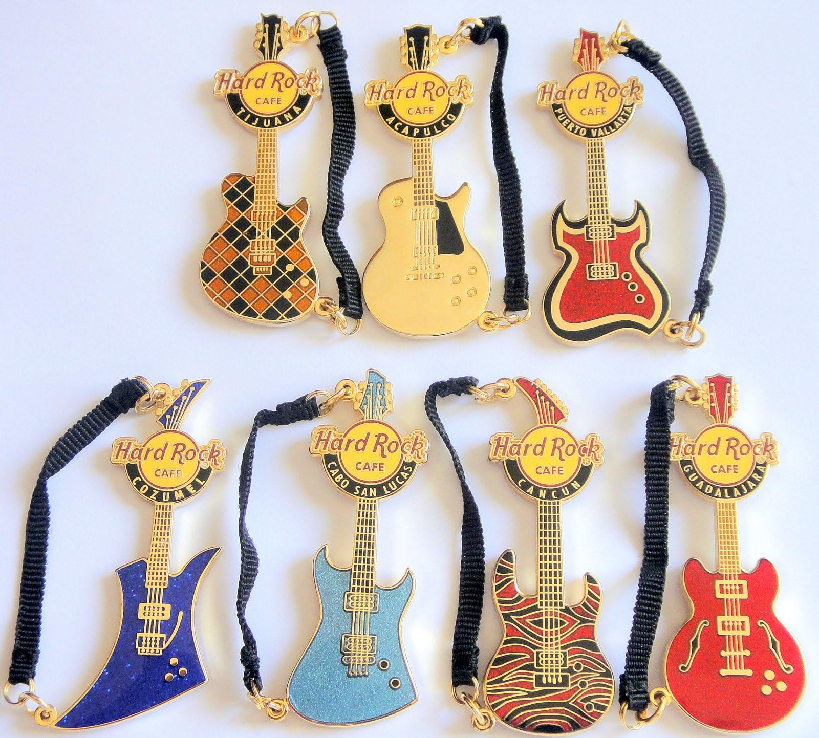 2006 Mexico Cafe Strap Series Guitar Set Of 7 Guitar Pins Hard Rock Cafe