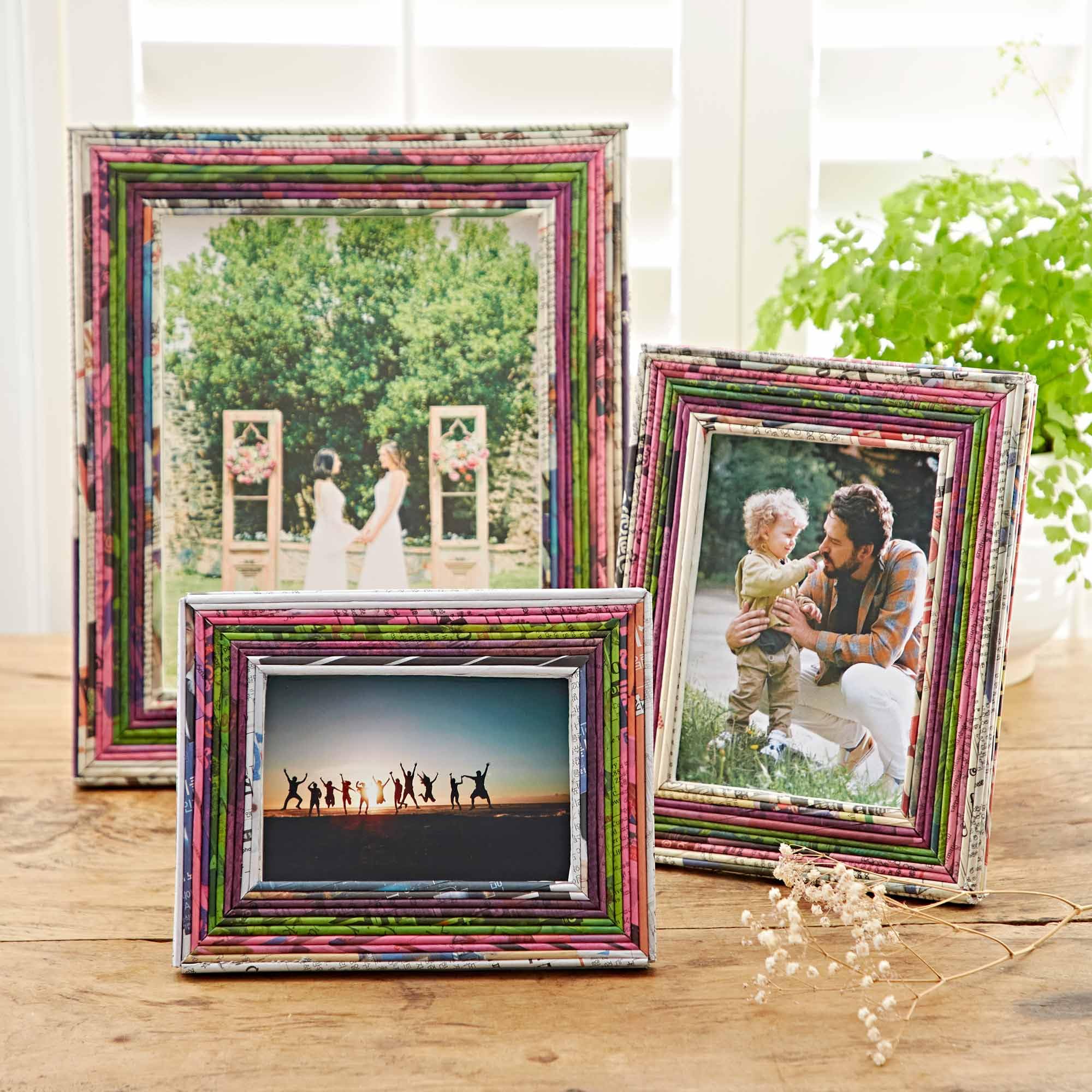 Recycled Newspaper Photo Frame - Natural/Pink/Green/Purple | 6 x 4 Inches | Sustainable Picture Frame | Handmade Colourful Frames | Fair Trade Gifts for Men and Women