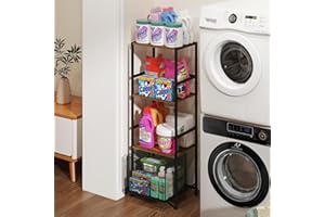 Jakyitvi 4-Tier Laundry Room Shelves with Storage Drawer, Adjustable-Shelf Storage Rack, Metal and Wood Industrial Unit Rack, Floor Standing Laundry Organizer for Narrow Space