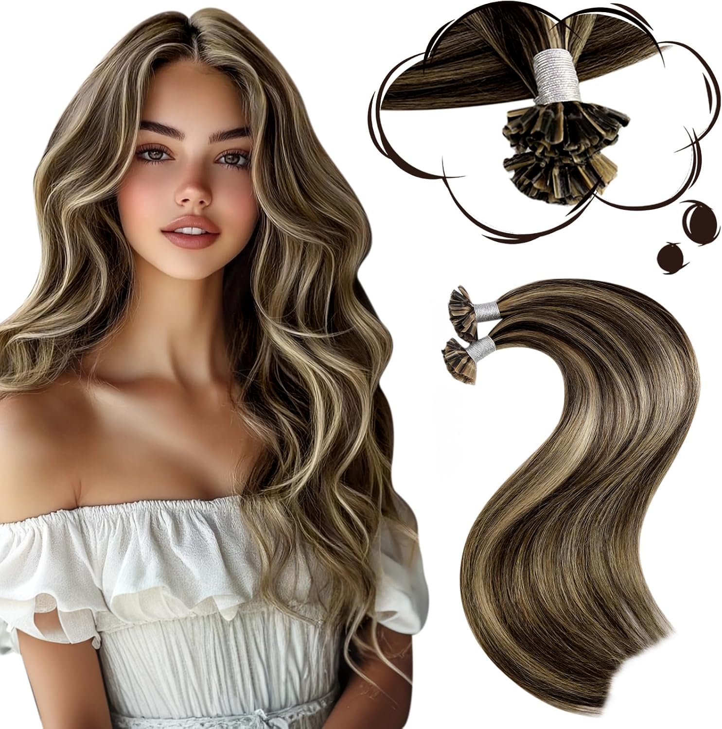 Moresoo U Tip Human Hair Extensions Pre Bonded Hair Extensions Dark Brown with Caramel Blonde U-Tip Hair Extensions Real Human Hair 1g/s 50g/Pack #P4/27 24 Inch — image 1