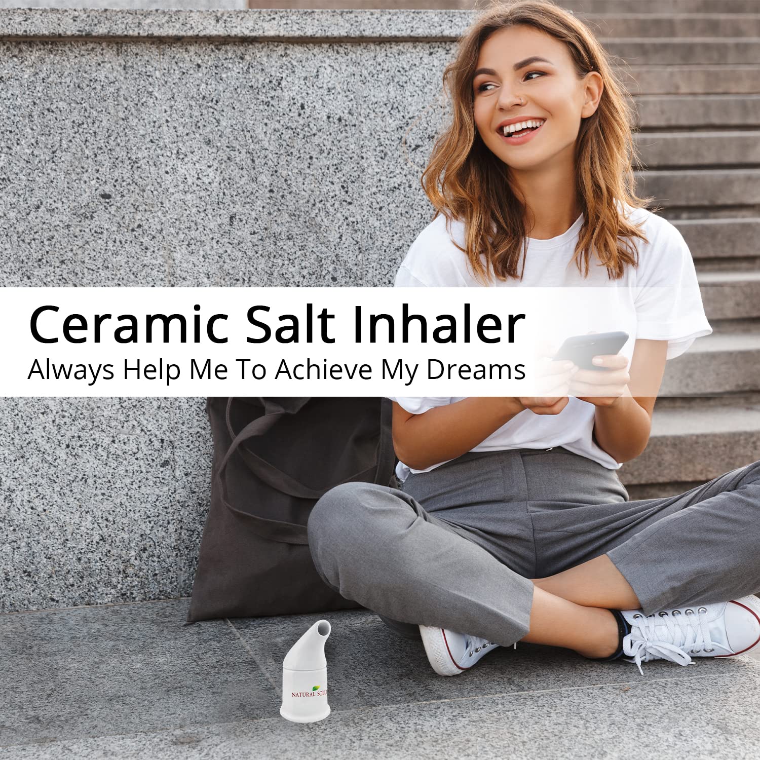 NATURAL SOLUTION Ceramic Salt Inhaler with 2 Himalayan Pink Salt Refills, Cleans The Respiratory System, Relief Breathing Congestion, Inhaler for Asthma White 1 Count