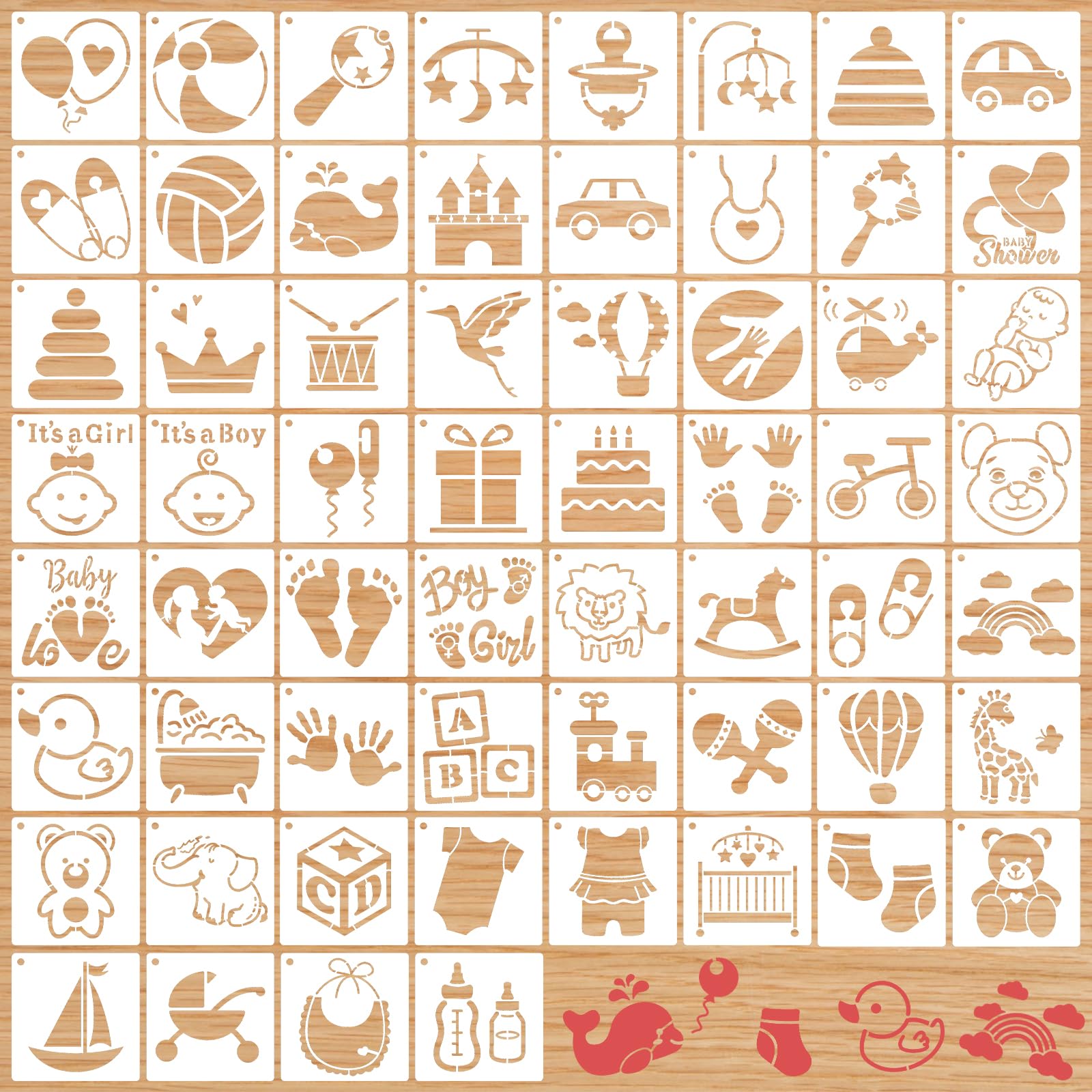 60pcs Baby Shower Stencils for Painting, 3in Onesie Decorating Kit Baby Shower Small Cute Pattern Reusable Painting Template Kids Fabric Drawing Mini Crafts Stencils for Bodysuit Shoes Bibs Clothes