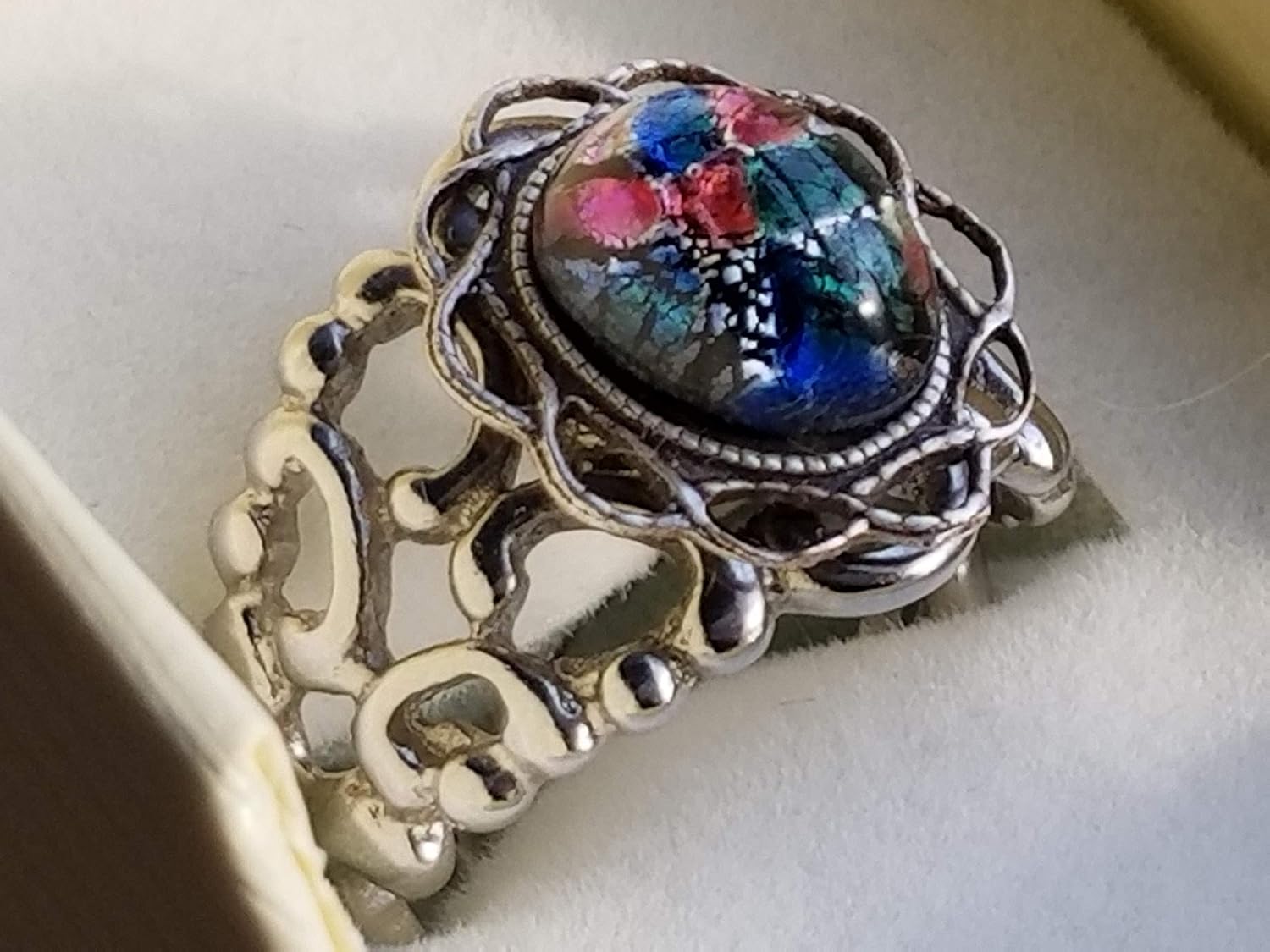 Style Ring Filigree Platinum Silverware Silver Plated Over Brass Renaissance Flower Setting Ring Pink Fire Opal