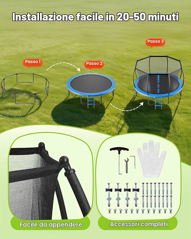 Trampolino Elastico per Bambini, Trampolino da Giardino da 3050 mm con Rete di Protezione e Imbottitura Ispessita, Capacità di 150 kg, Trampolini da Giardino Antiruggine Gioco per Bambini
