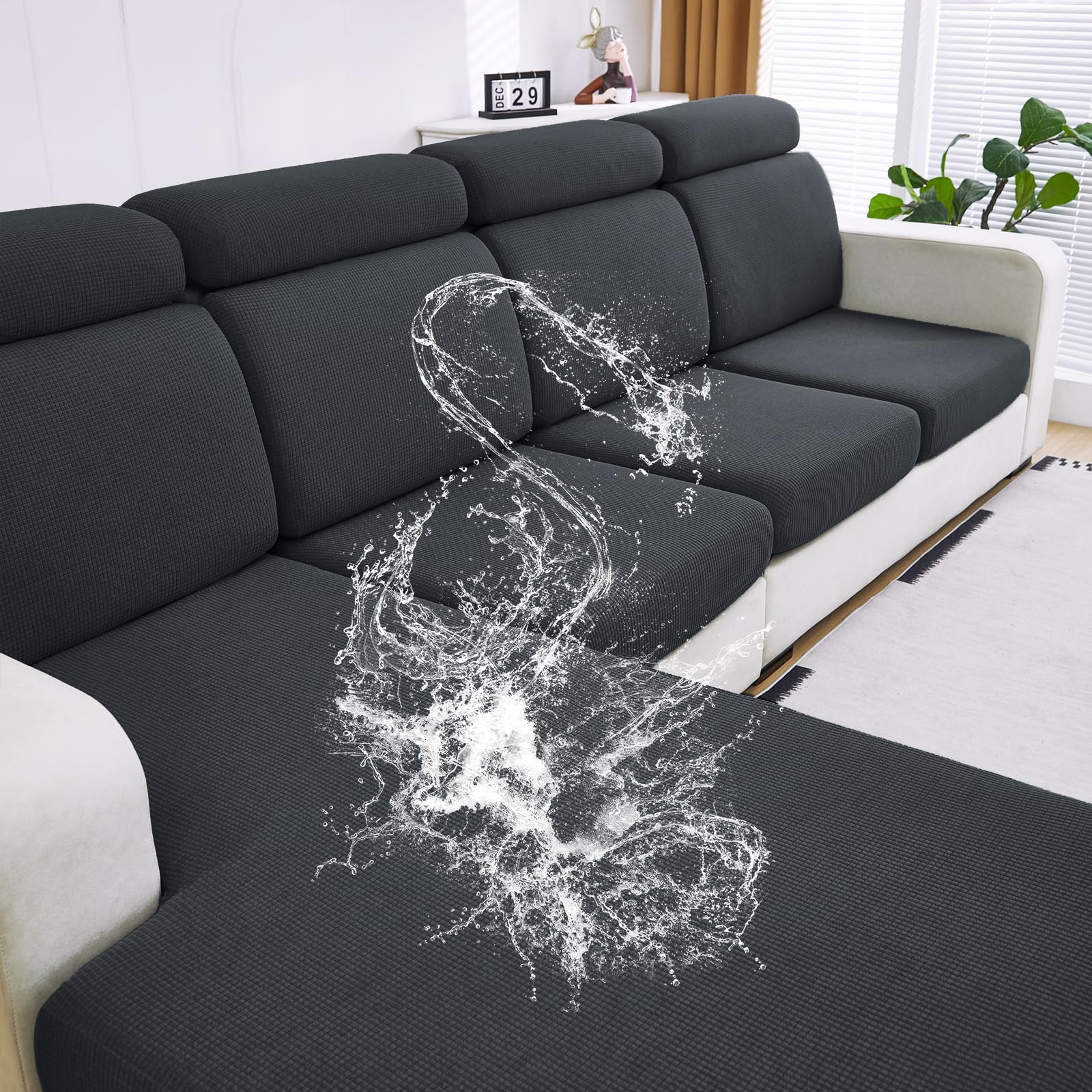 Photo 1 of DISSA Waterproof Couch Cushion Covers, Washable Sofa Cushion Covers, Stretch Sofa Slipcovers, Thick Jacquard Fabric, Couch Sofa Covers for Pets Furniture Protector(3 Seaters + 1 Chaise, Blue)