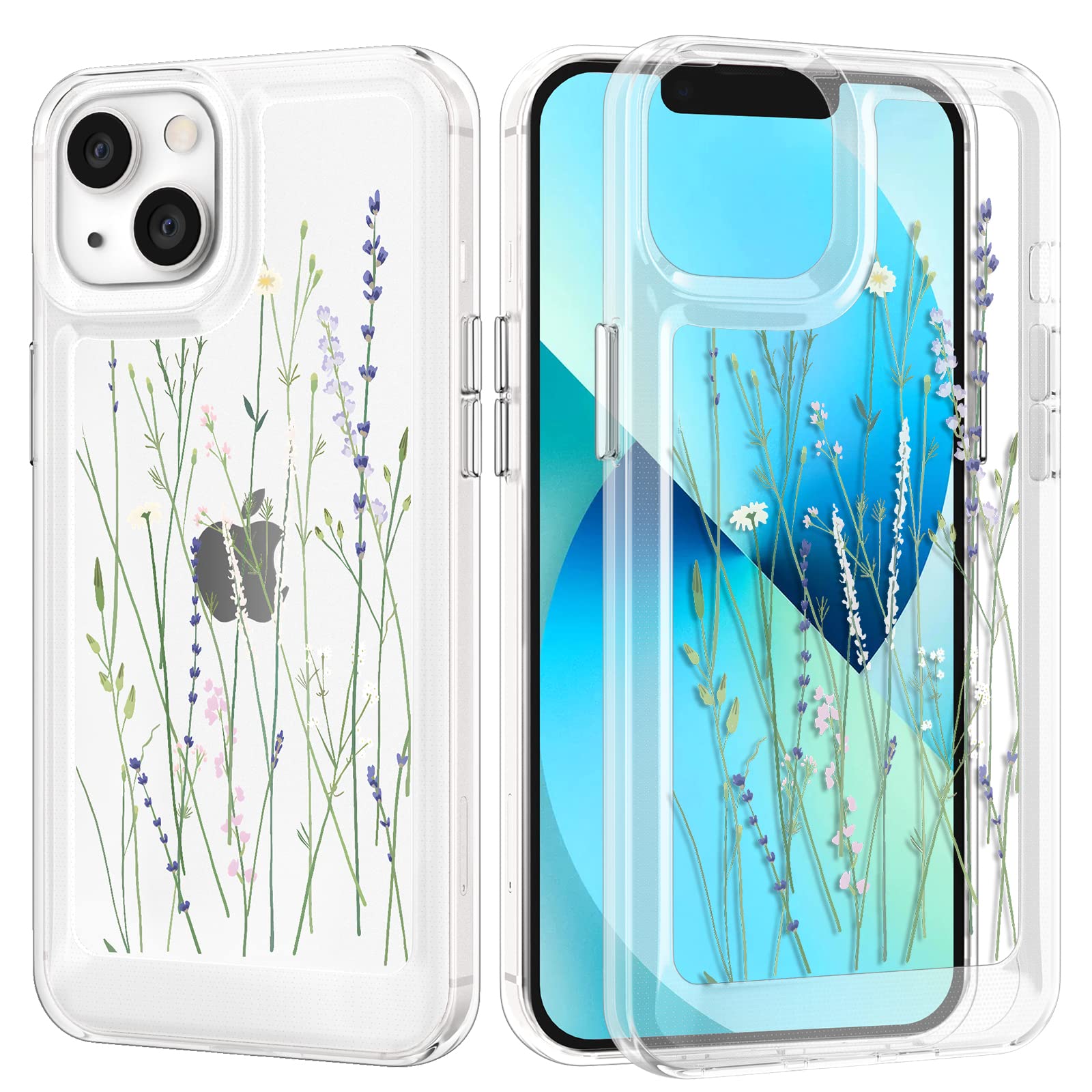 UEEBAI Case for iPhone 13 6.1 inch, Clear Slim Protective Floral Cover Soft TPU Edge Hard Back Shockproof Cover with Unique Flowers Design for Women Girls - Lavender