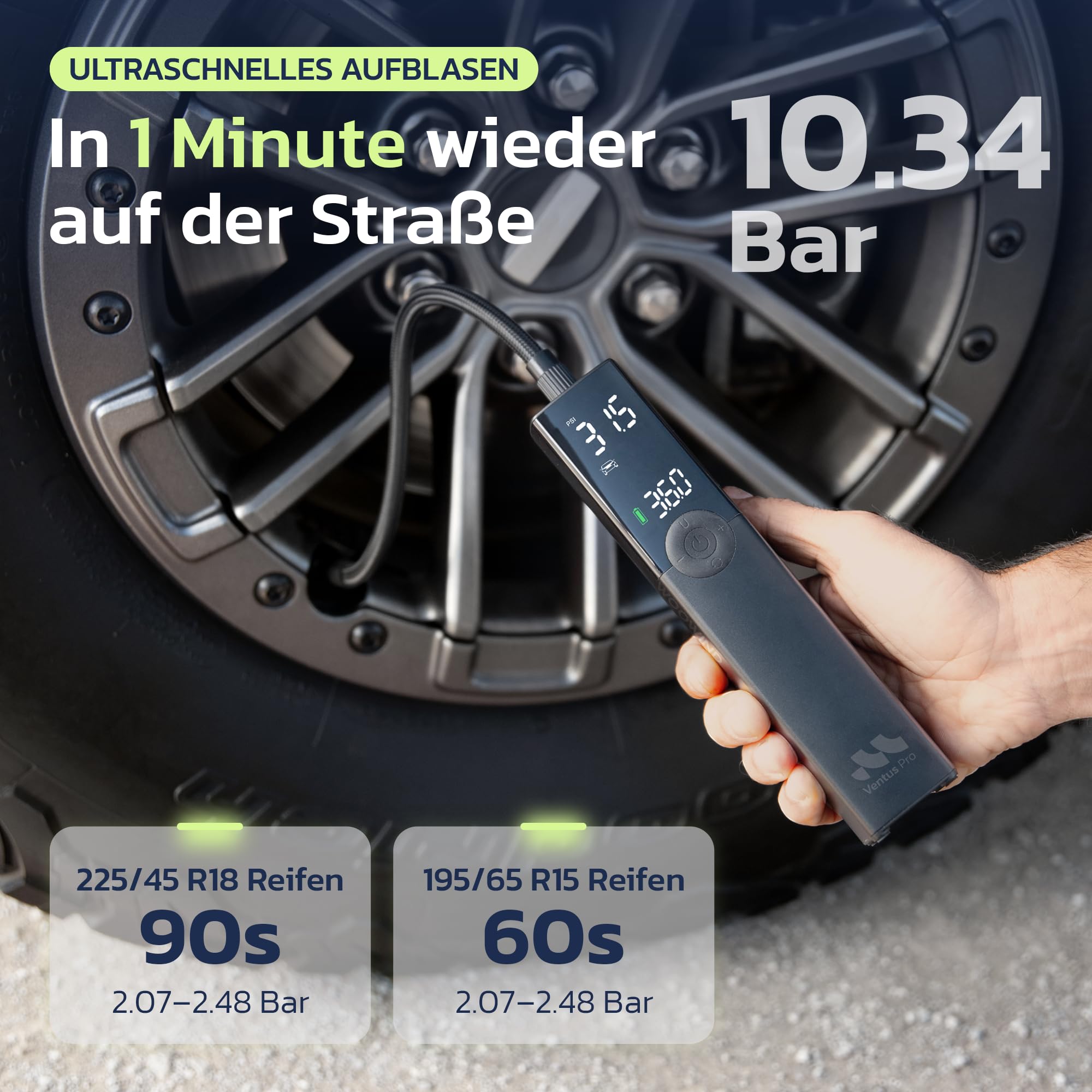 Woowind Ventus Pro Premium Elektrische Luftpumpe, 2X Schneller, 150PSI/10,3Bar Akku Kompressor, Luftpumpe Auto mit 12V-Kabel für SUVs & Offroad-Reifen, Auto-Stopp 2