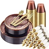 Hioasis 175PCS Clear Burgundy Plastic Plates - Hammered Disposable Dinnerware Set for Party Includes 25 Dinner Tableware, 25 Dessert Tableware,25 Cups,25 Rolled Napkin Cutlery Perfect for Party