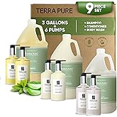 Terra Pure Gallon & Dispenser Set | 1-Shoppe All-In-Kit | Shampoo Conditioner Body Wash Gallon | Refillable 10.14 oz. Matching Pump Bottles
