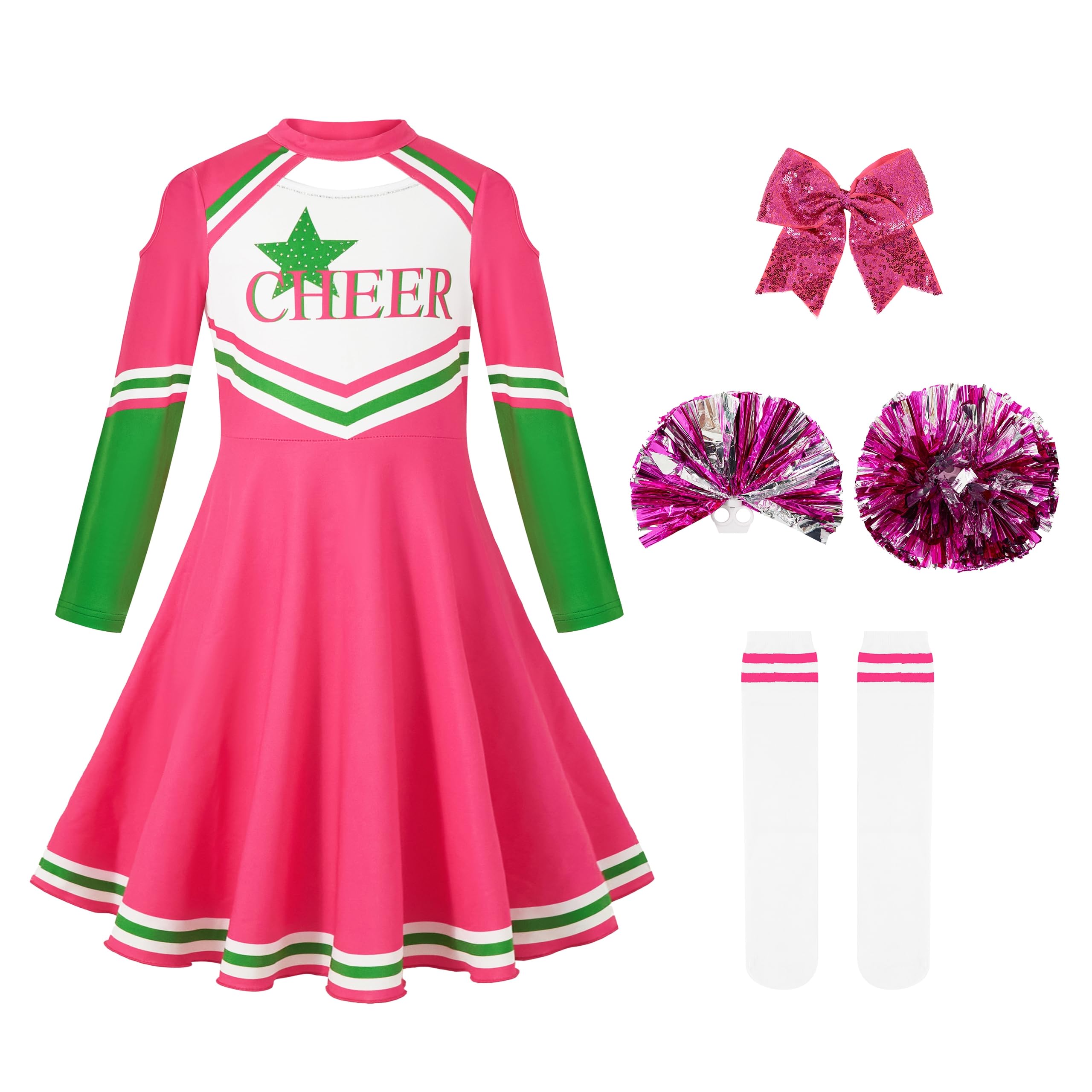 LOLANTA Kids Pink Cheerleading Costume, Girls Long Sleeve Cheerleader Dress with Pom Poms Socks, Halloween Cheerleader Uniform Outfits(Pink,5-6 Years,Tag Size 120) — image 1
