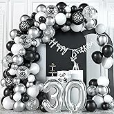 30th Birthday Decorations for Man Black Silver Balloons Garland Arch Kit with Number 30 Foil Confetti Balloon Happy Birthday Bunting Banner Black Silver Party Decor for 30 Years Old Women Anniversary