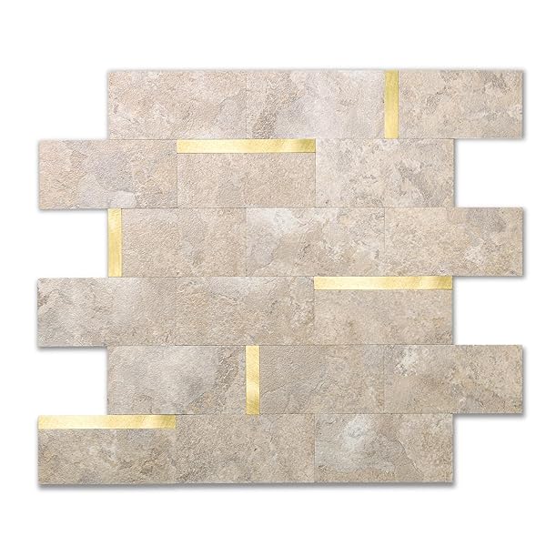 OYASIMI 20 SHEET PEEL AND STICK BACKSPLASH TILE,BEIGE STONE MIXED METAL PVC MIXED METAL STICK ON BACKSPLASH WALL TILES FOR KITCHEN, BATHROOM, LAUNDRY ROOM