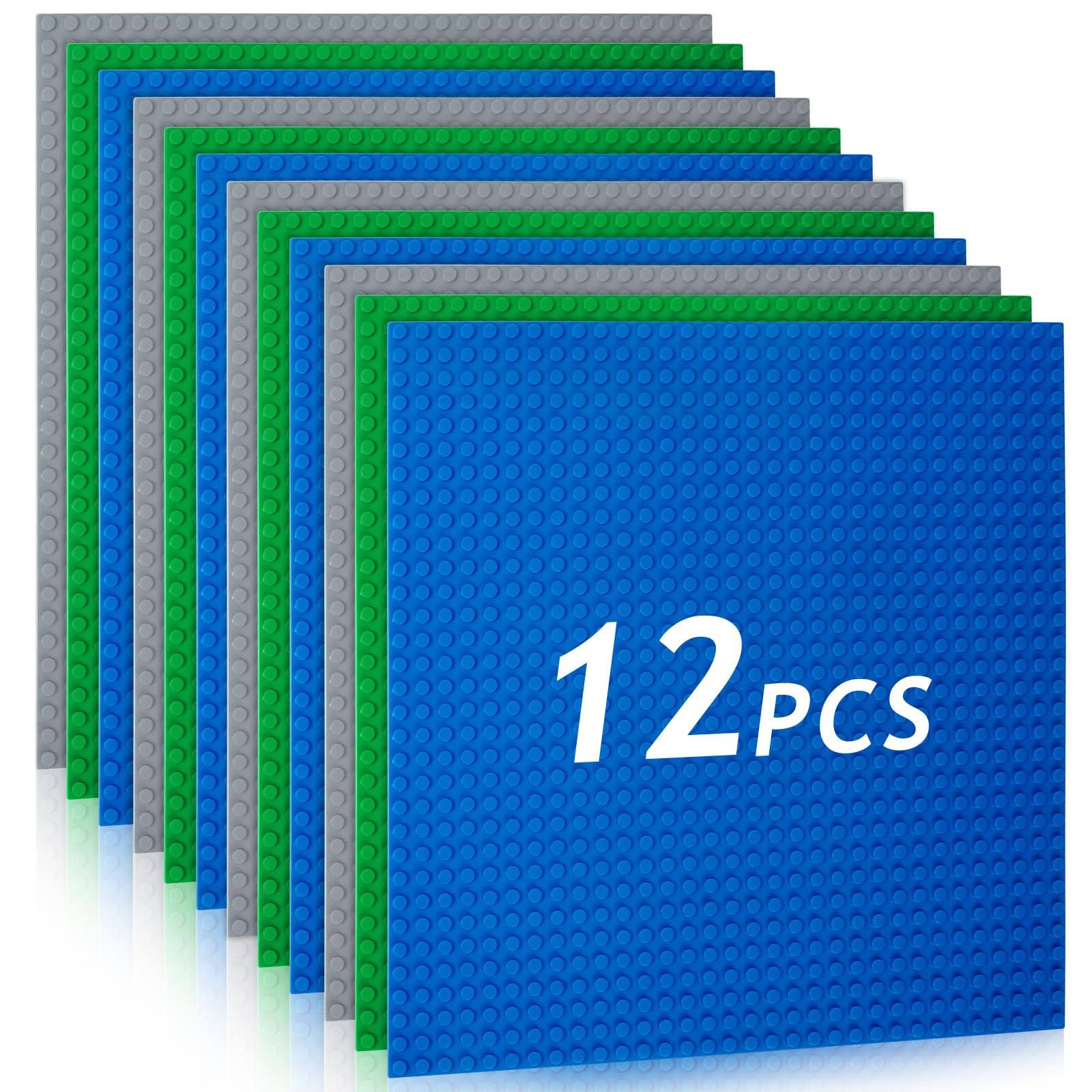 HOTUT Classic Baseplates, 12 Pack Square 32x32 Stud Building Base, 10"×10" Large Building Board Base Plates, 100% Compatible with All Major Brands, Build and Display Board Set - Grey/Green/Blue