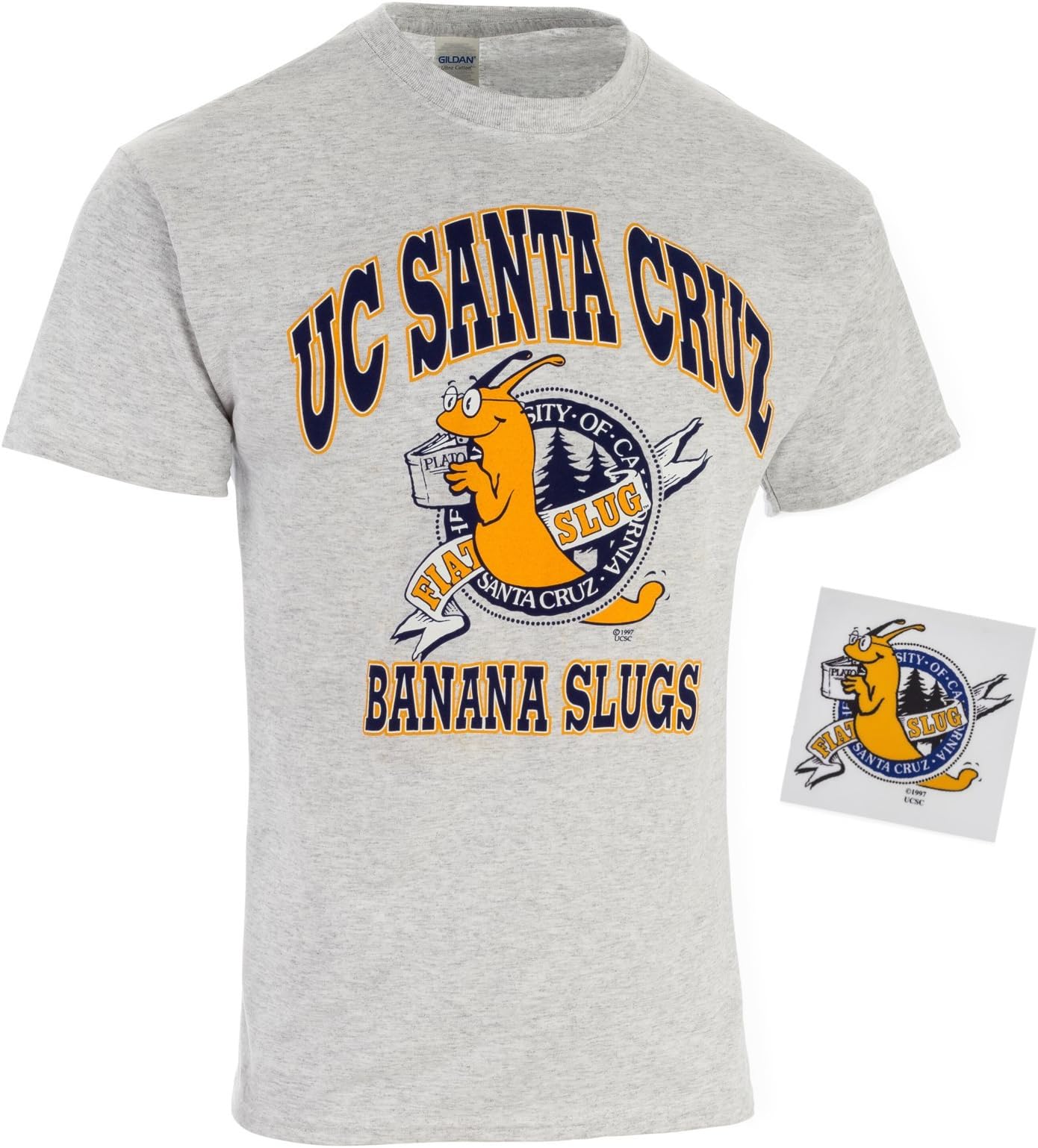 UCSC Santa Cruz Banana Slug T Shirt & Decal 2 Piece Bundle (Small) Ash Gray