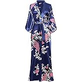 BABEYOND Women's Kimono Robe Long Satin Robes with Peacock and Blossoms Printed Kimono Nightgown