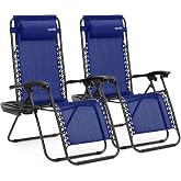 SereneLife Zero Gravity Chairs Set of 2 - Adjustable Outdoor Lounge Chairs with Side Tray, Cup Holders, Removable Pillows, Folding Portable Camping Chairs for Patio, Backyard, Poolside, Beach - Blue