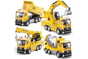 VANVIMEN 4 Pcs Alloy Construction Truck Toys Gifts For 2 3 4 5 Year Old Boys, 9" Construction Vehicles Toys With Light & Sound, Include Excavator, Crane, Dump and Mixer, Toys for Boys Toddler Kids 2-4 3-4 4-6