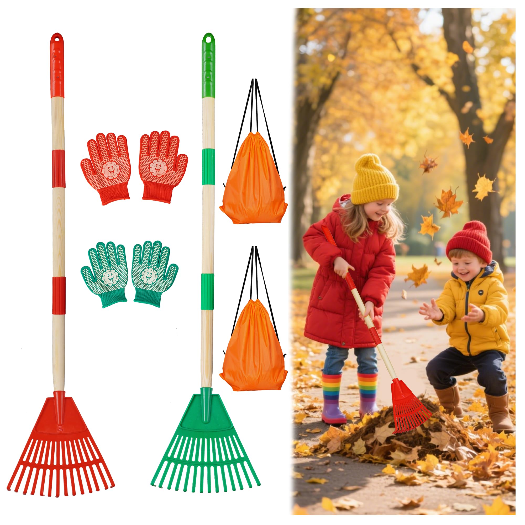 Photo 1 of 2 PCS Adjustable Kids Leaves Rakes (Green & Red, 25.2 in to 34.25 in) with 2 Pairs Gloves & 2 Orange Storage Bags, Lawn Rakes with Wooden Handle, Kids Garden Tools Set for Boys and Girls