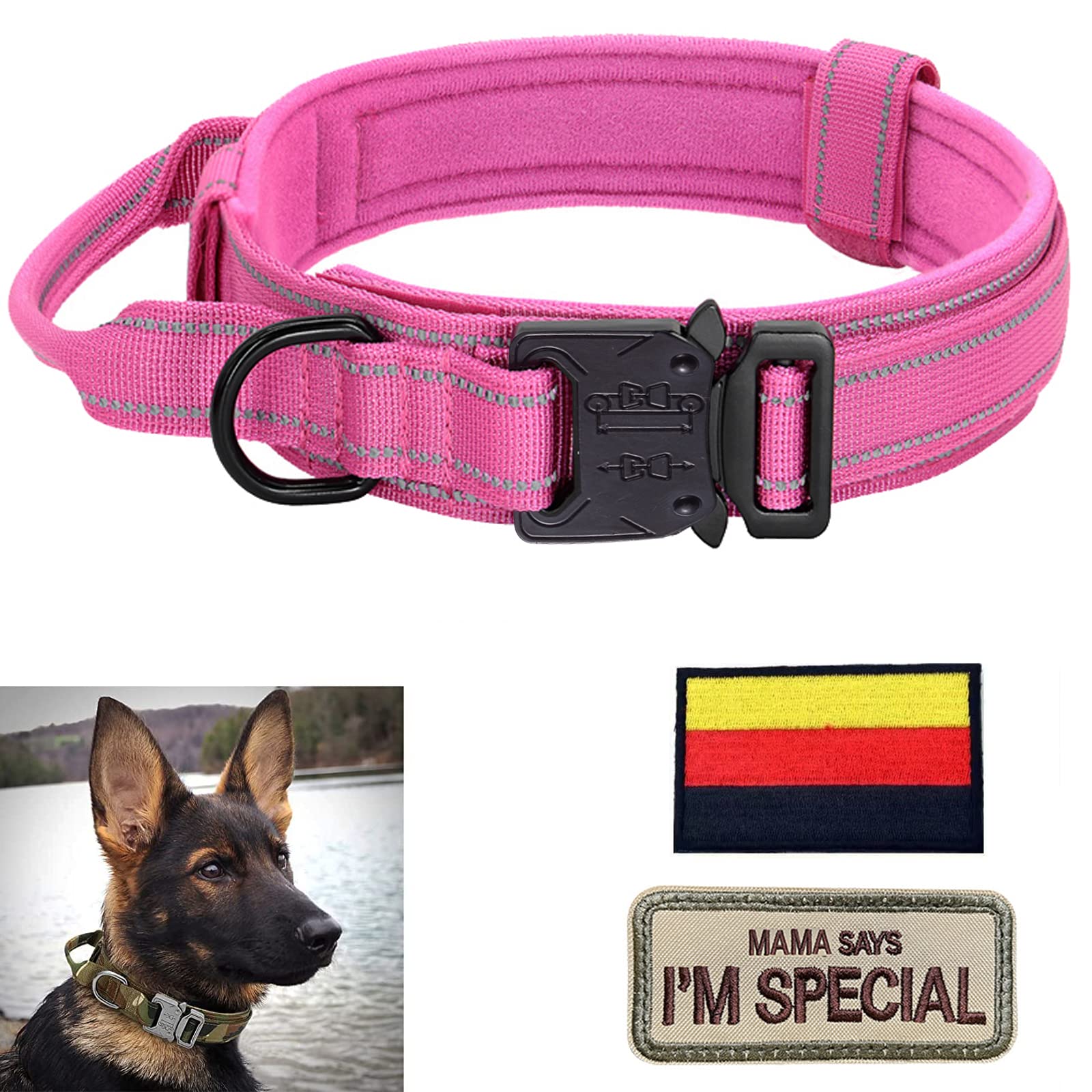 Adjustable Dog Collar with Control Handle, Tactical Collar Nylon, Dog Collar Padded, Metal Buckle, for Medium Large Dogs, Hunting Training, Outdoor, K9 Pink, L Wide