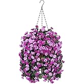 Ammyoo Artificial Flowers in Hanging Basket for Outdoors Spring Decor, Fake Mums Flowers Faux Plants with Basket for Indoors Home Porch Garden Yard Patio Decoration (Purple Pink)