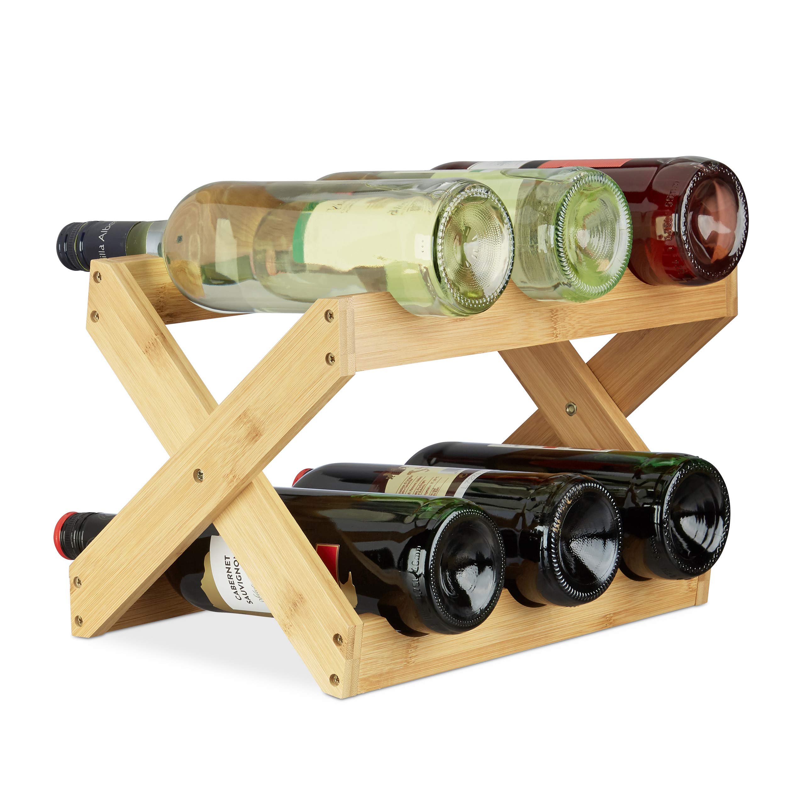 Relaxdays Bamboo Wine Rack, X Shape, 6 Bottles,Country House Style, Small, Folding Bottle Holder, HWD 22 x 36 x 20 cm, Natural