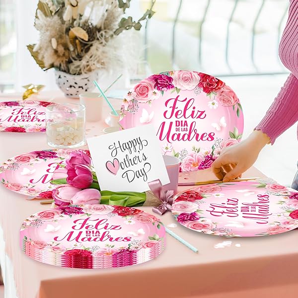 FELIZ DIA DE LAS MADRES PLATES 50PCS,HAPPY MOTHER’S DAY SPAINISH PARTY DECORATION,MOTHERS DAY PINK FLORAL OVAL DISPOSABLE PAPER PLATES FOR BEST MOM EVER PARTY SUPPLIES,11.6 X 9.4 INCH