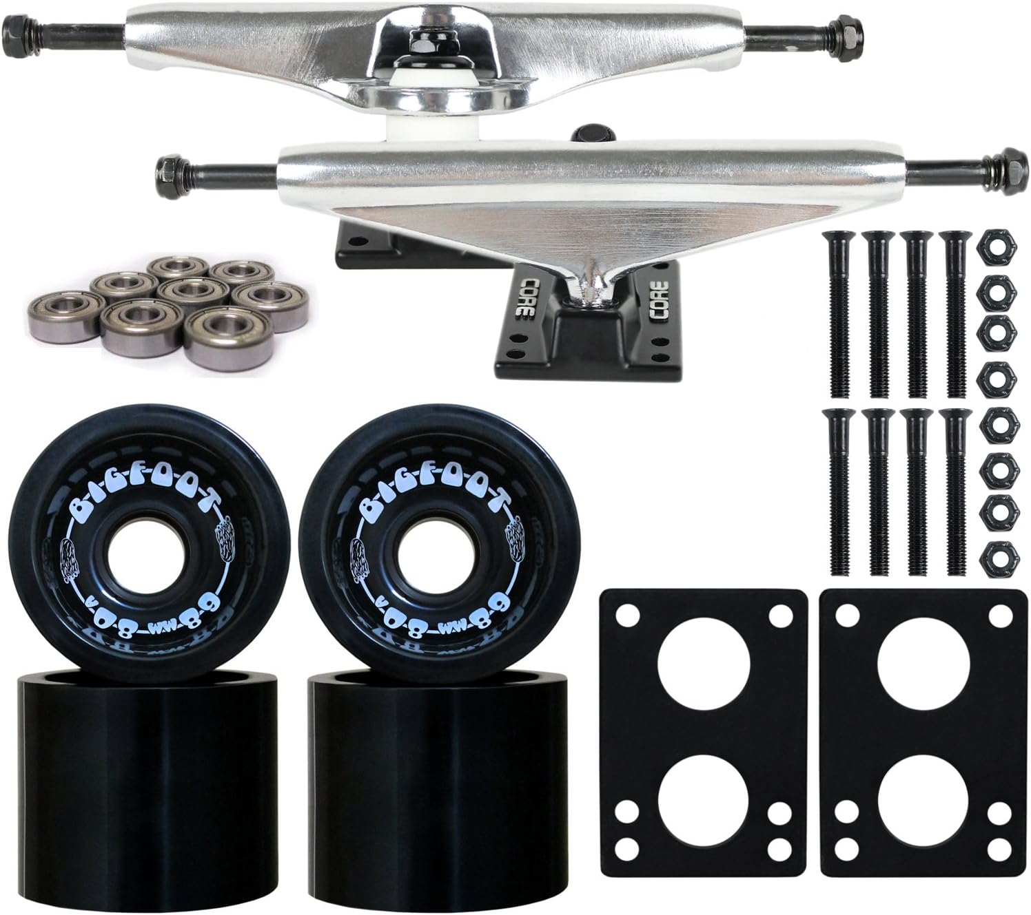 Bigfoot Longboard Skateboard Trucks Combo Set 68mm Boardwalk Wheels with Silver Trucks, Bearings, and Hardware Package