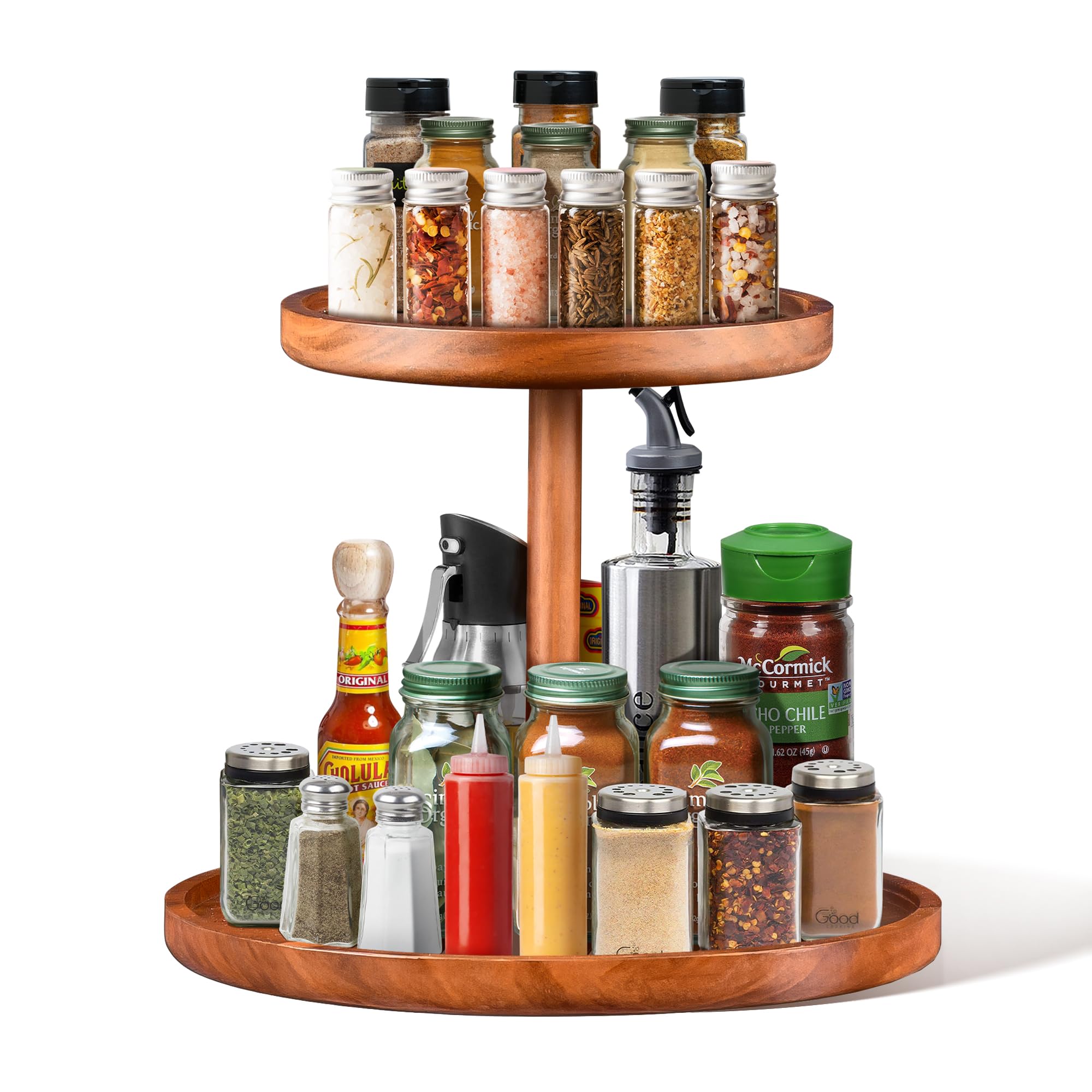 2 Tier 14" Acacia Wood Lazy Susan Organizer Kitchen Turntable for Cabinet, Lazy Susan Turntable for Countertop, Spice Rack Organizer for Cabinet Pantry Dining Table