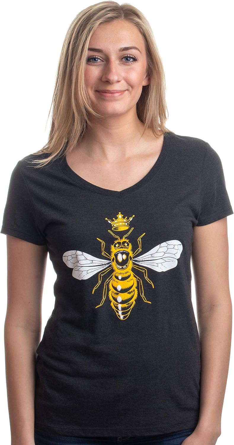 Queen Bee | Funny, Cute, Cool Boss Lady Crown Alpha Top, Women's V-Neck T-Shirt: Clothing