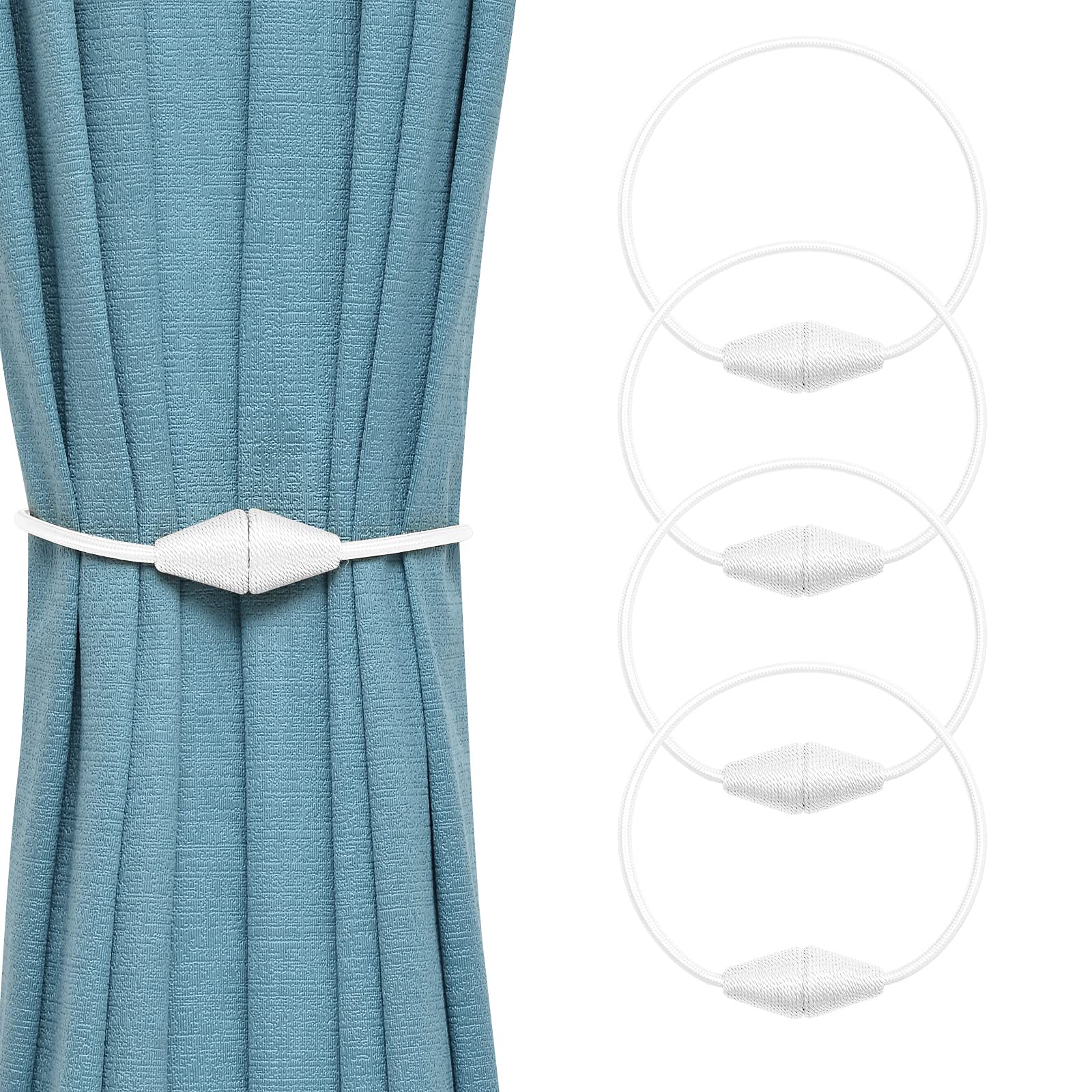 Pretty Jolly 4 Pack Upgrade Magnetic Curtain Tiebacks Handmade Weave Rope Curtain Holdbacks Convenient Decorative Cone Curtain Drape Tie Backs for Home & Office Window Drapery (White)