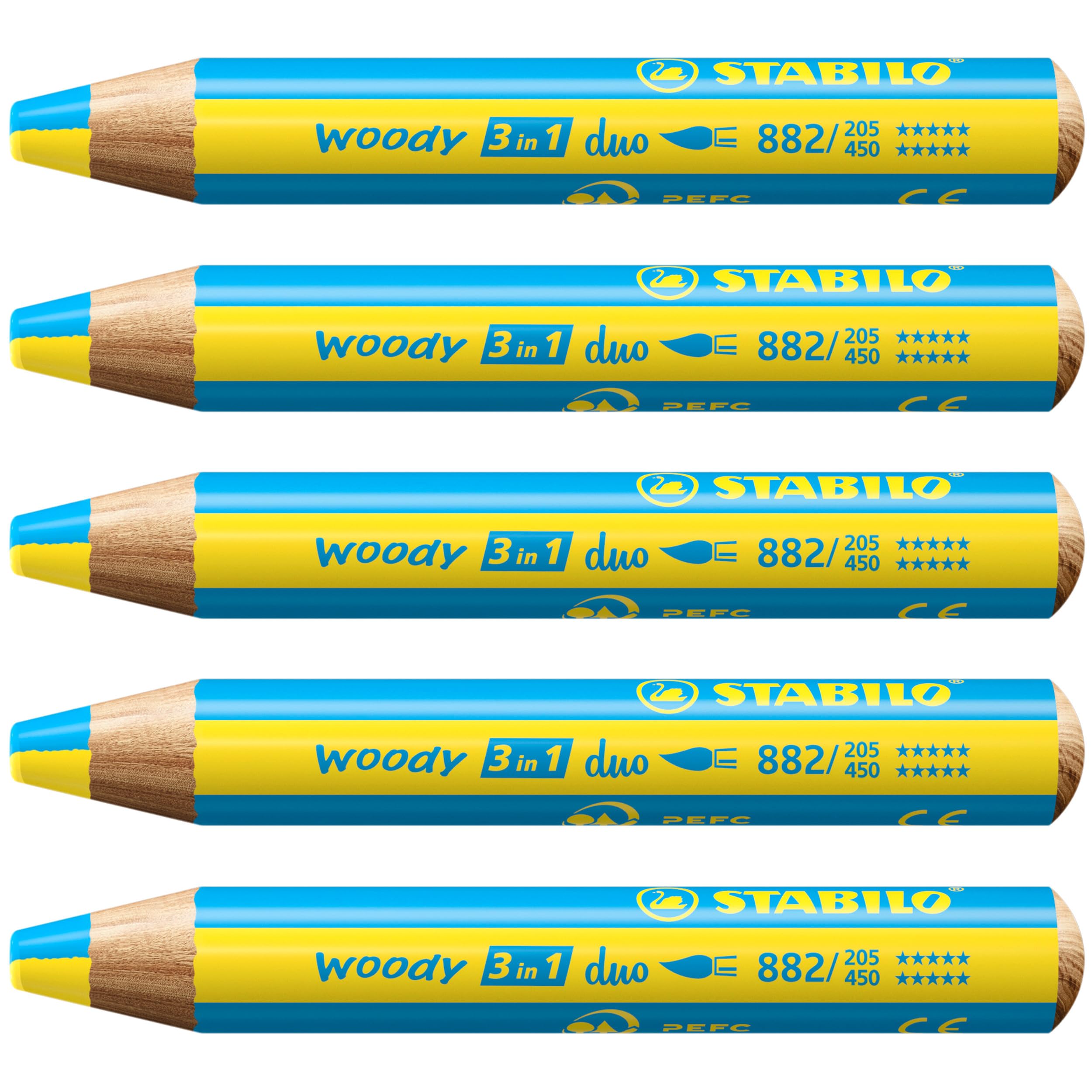 STABILO woody 3-in-1 duo - Multi-Talented Pencil - Pack of 5 - Yellow/Cyan Blue
