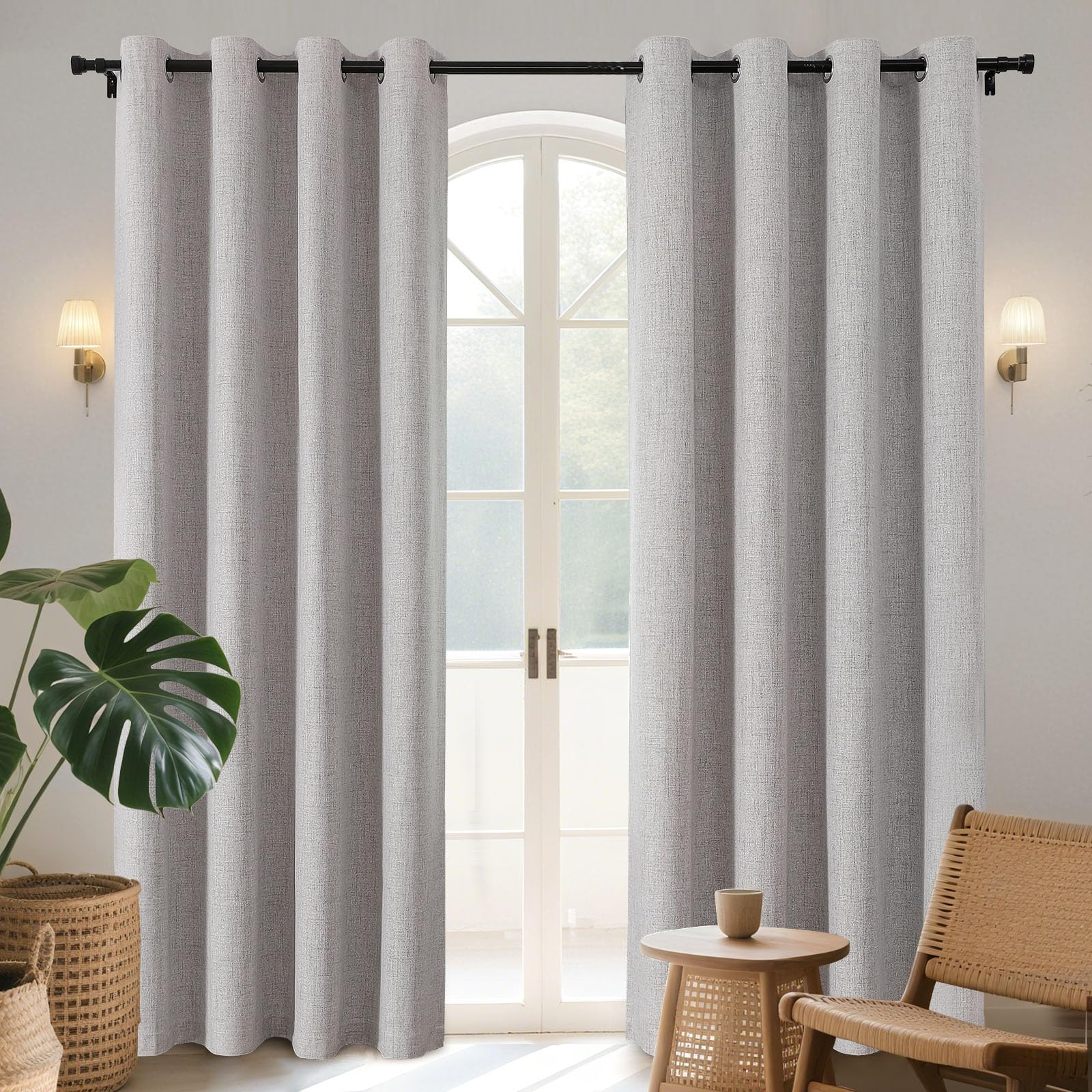 Joydeco 100% Blackout Lined Curtains W66 x L90 Inch Drop, Faux Linen Textured Thermal Insulated Eyelet Curtains with Coating Back Layer for Light Blocking Noise Reduction, Greyish White - 2 Panels