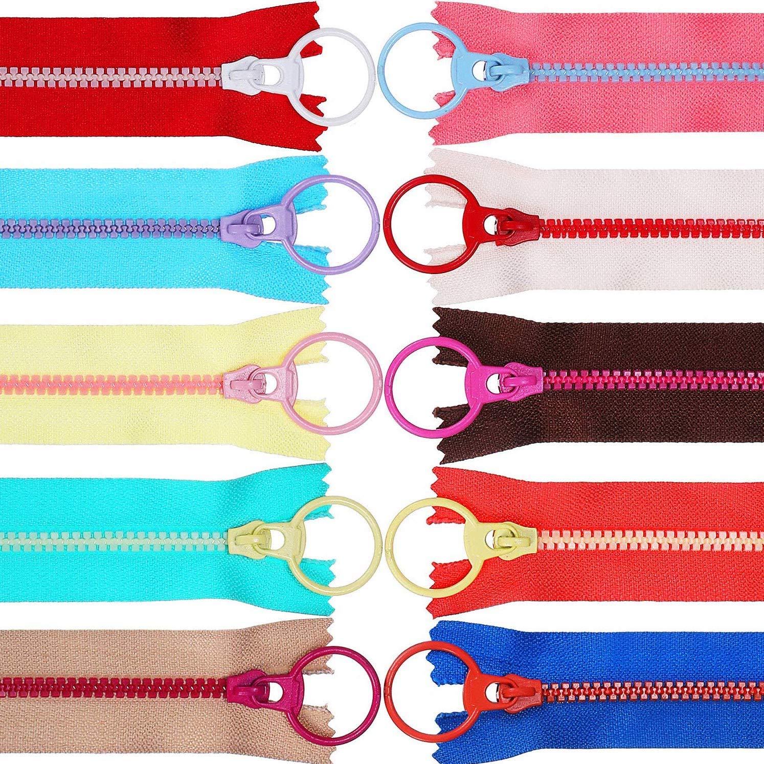youler Plastic Zipper, 30CM Long Colored Resin Zipper with Ring 20 Pieces Colorful Coil Zippers for Tailors Sewing Craft Bag Garment 10 Colors