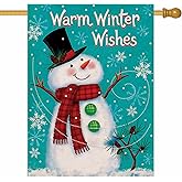 Artofy Warm Winter Wishes Snowman Home Decorative House Flag, Snowflakes Garden Yard Check Scarf Pine Tree Pinecone Outside Decor, Christmas Snow Farmhouse Outdoor Large Decoration Double Sided 28x40