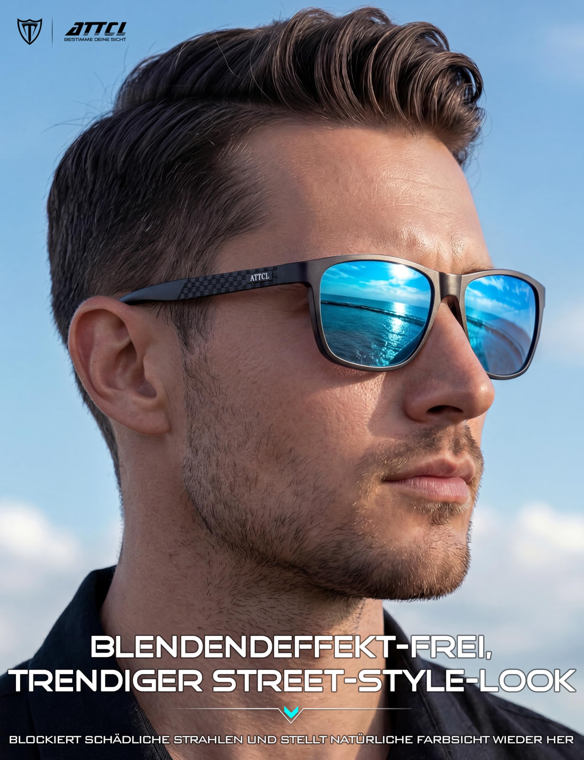 ATTCL Sonnenbrille Herren Polarisiert Für Autofahren: UV400 Schutz Leicht AL-MG Rahmen Verspiegelte Scheibe Wanderung Reise 8587 Schwarz Blau Verbessert 2