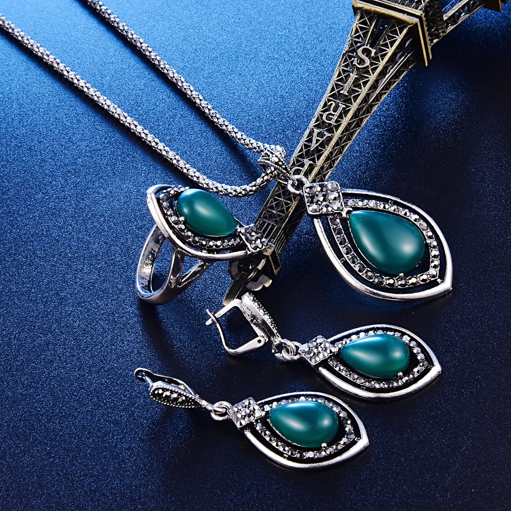 Vintage Women Fashion Red Resin Pendant Necklace Jewelry Set Long Chain Silver Chain Necklace - Green+Ring#8