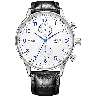 BUREI Mens Business Casual Chronograph Quartz Dress Watches with Big Face Traveler Style Leather Band - Blue-1