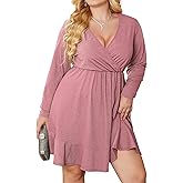 Zeagoo Plus Size Womens Glitter Dress V Neck Long Sleeve Ruffle Hem Swing Club Cocktail Party Dresses
