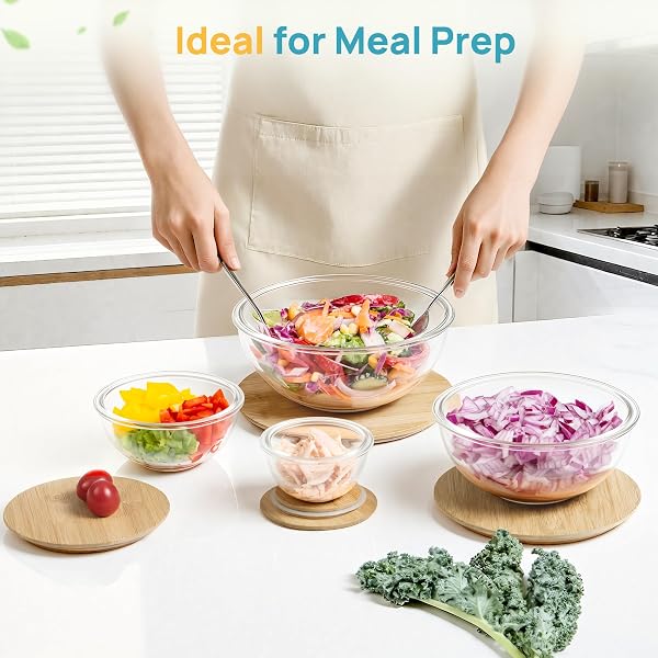 VTOPMART 5 PACK GLASS MIXING BOWLS WITH BAMBOO LIDS SET (3.75/2.1/1.1/0.5/0.2 QT), SALAD BOWL SET, NESTING KITCHEN BOWLS FOR SERVING, PREPPING, COOKING AND BAKING, DISHWASHER & MICROWAVABLE SAFE