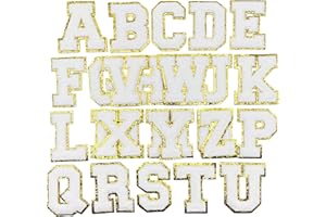 Jongdari Letter Patches Varsity Chenille Iron on Letters Patchs for Clothing English Letter A-Z with Gold Glitters Border, 26pcs White
