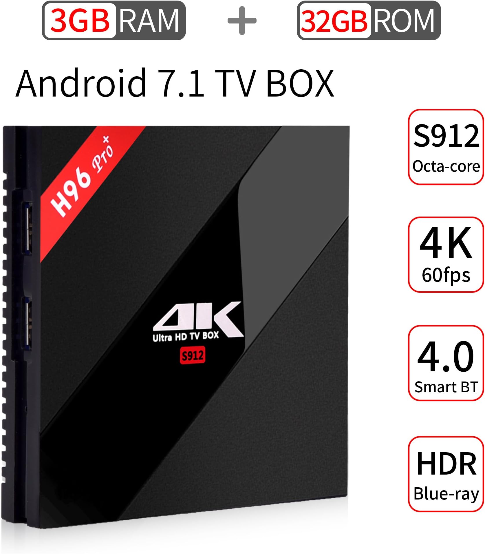 PULIER H96 PRO+ 3GB RAM 32GB ROM Android TV box Android 7.1 S912 support HDR+ | H.265 | 3D Blue-ray | 4K and 2.4G/5G wireless BT4.0 100M/1000M LAN