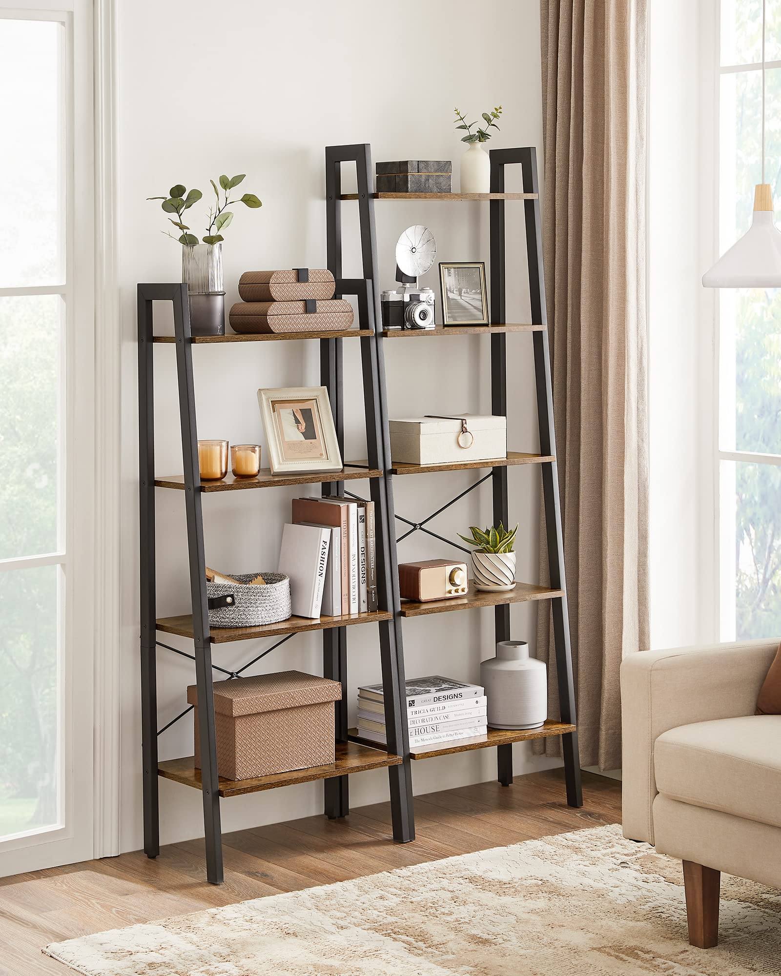 VASAGLE Ladder Shelf, 5-Tier Bookshelf, Storage Rack, Bookcase with Steel Frame, for Living Room, Home Office, Kitchen, Bedroom, Industrial Style, Rustic Brown and Ink Black ULLS45X