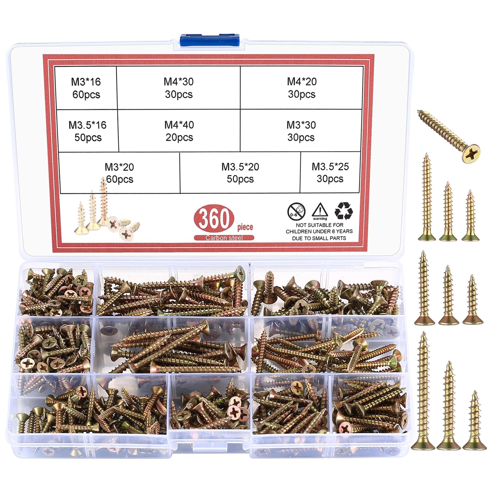 360 PCS Wood Screws Assortment Kit, M3 M3.5 M4 Flat Head Self Tapping Screws Assortment Kit, Assorted Cross Pan Head Countersunk Screws for Wood Masonry Drywall Concrete Phillips Drive Screws