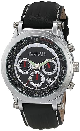 August Steiner Mens AS8085BK Chronograph Quartz with Silver & Black Dial with Black and White Stitching Leather Strap Watch