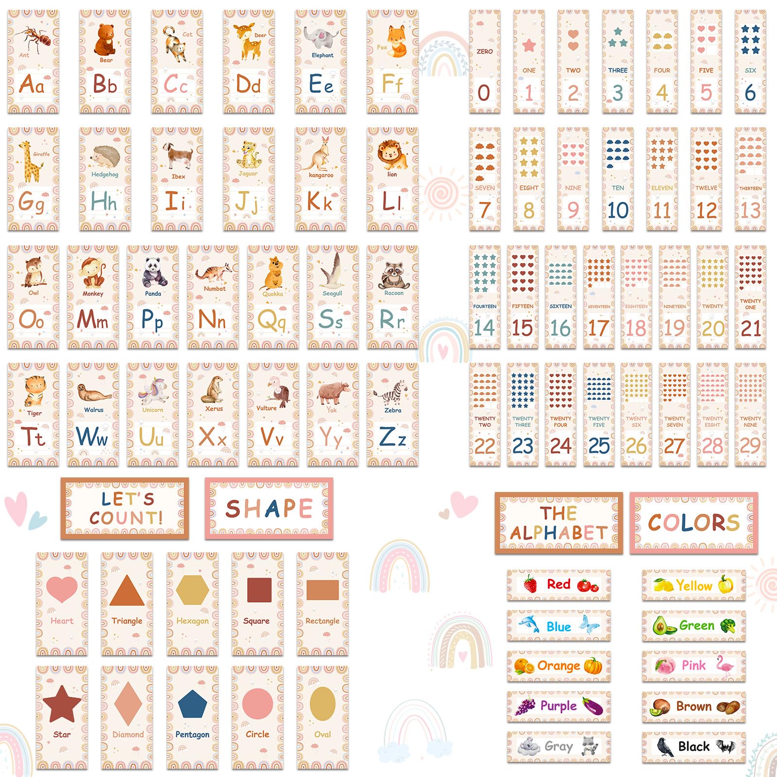 Photo 1 of Harloon 80 Pcs Alphabet Bulletin Board Educational Cards Numbers Display Colors and Shapes Wall Decorations for Student Kindergarten Elementary Classroom and Nursery (Boho)