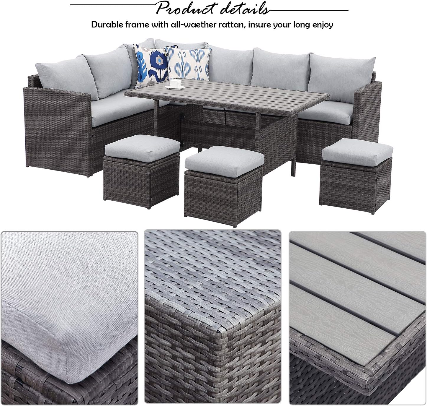 Wisteria Lane Patio Furniture Set,7 Piece Outdoor Dining Sectional Sofa Couch with Dining Table and Chair, All Weather Deck Wicker Conversation Set with Cushion, Grey: Garden & Outdoor