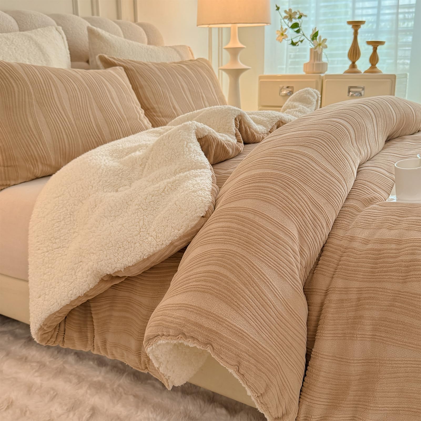 Photo 1 of tohrisa 3D Striped Jacquard Sherpa Comforter Set King Size, Boho Geometric Pattern Quilt Bedding 3 Pieces Warm Cozy Fuzzy Comforter with 2 Pillowcases(104"X90" Beige)