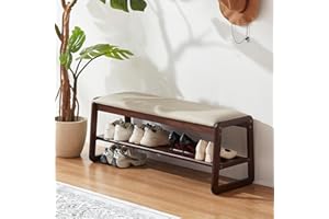 Achicsofar Shoe Rack Bench,2 Tier Wooden Entryway Bench with Shoe Storage, Shoe Rack with Cushion for Living Room, Hallway(Pu Beige, 39.4")