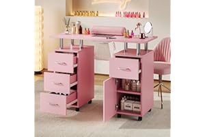 MilleLoom Professional Manicure Table with Downdraft Ventilation&Wrist Cushion, Nail Desk with 4 Drawers&1 Cabinet, Rolling L